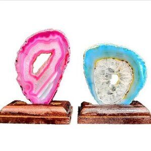 Pair of Elegantly Sliced Agate Mounted on Real Wood | Blue & Pink, His & Hers